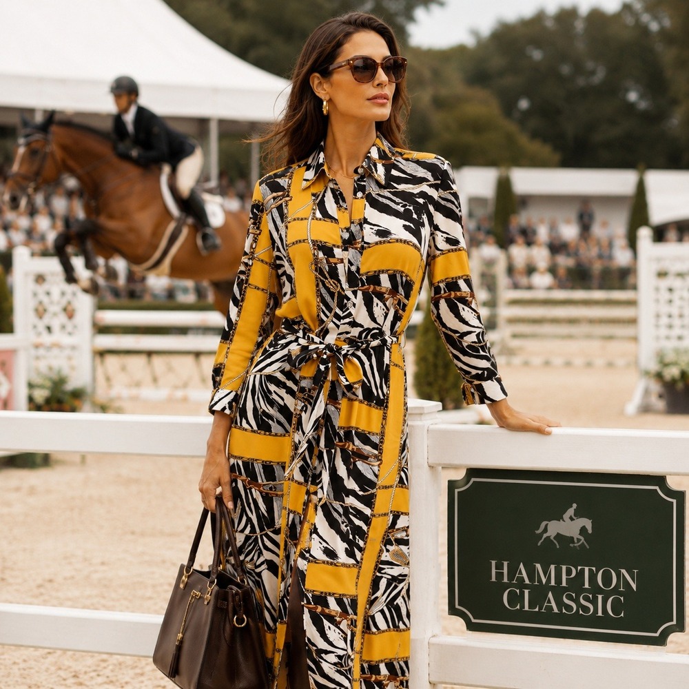 Equestrian Chain Print Shirt Dress  L Yellow Zebra Gold Baroque Belted Statement